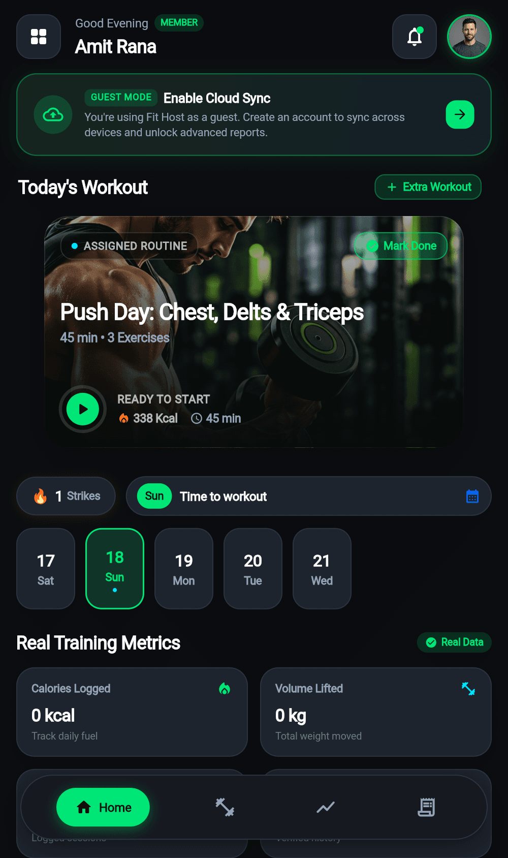 Fit Host Mobile Home Screen with Workout Quick Actions